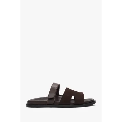 Zdjęcie Estro: Ciemnobrązowe klapki damskie z regulowanym paskiem ze skóry i weluru naturalnego