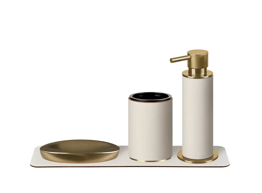 obrazek 3 Wyjątkowy złocony dozownik Ø7xH19 cm z białym skórzanym korpusem