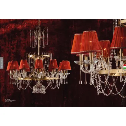 Zdjęcie Piękny żyrandol łączący mosiądz, szkło, kryształy i podwójne abażury z tkaniny – Il Paralume Marina