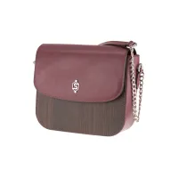 Picture Unique women's shoulder bag made of burgundy Saffiano leather and real smoked oak wood