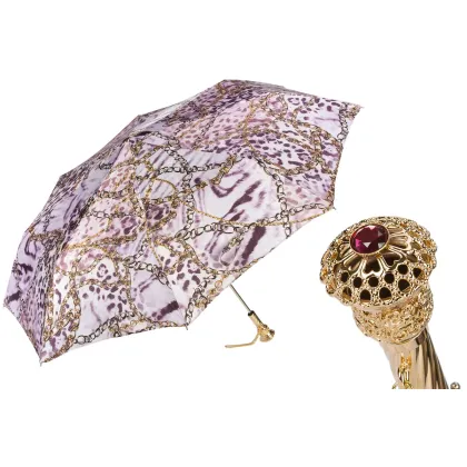 Zdjęcie Oryginalny różowy parasol damski zdobiony animalistycznym wzorem z łańcuchami – Pasotti