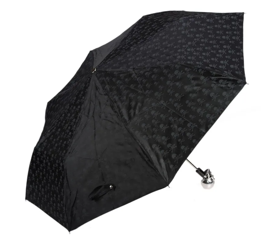 obrazek 5 Stylowy czarny parasol damski z rączką zdobioną srebrną czaszką - Pasotti