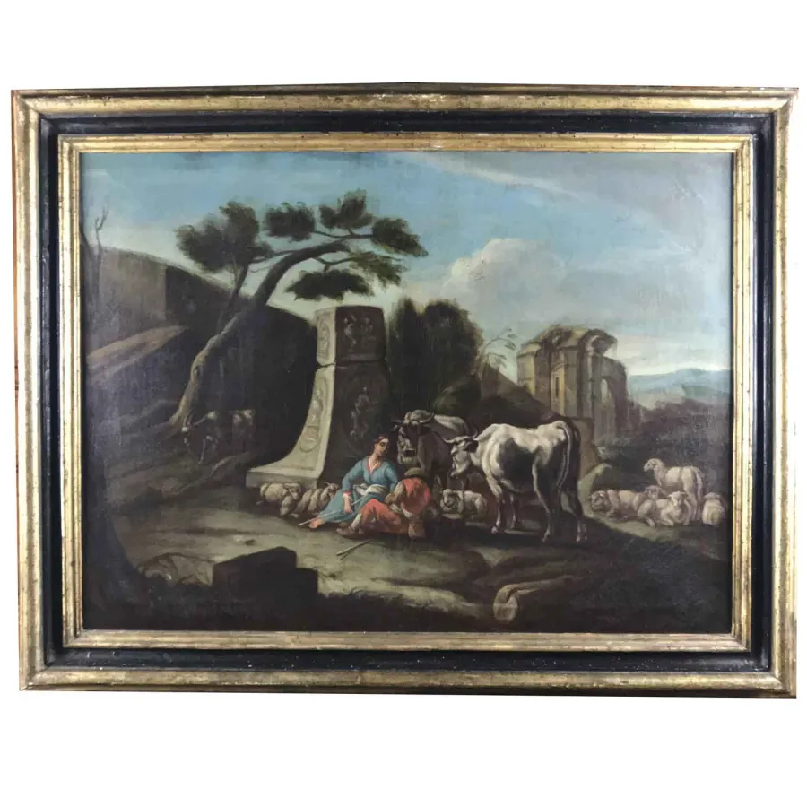 obrazek 1 Krajobraz z figurami ruin, stadami i pasterzami  z oryginalną ramą  z 1700roku