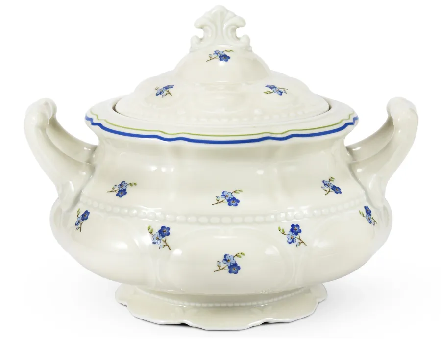 obrazek 2 Ekskluzywna 25-częściowa zastawa obiadowa z porcelany w kolorze kości słoniowej zdobiona motywem niezapominajek – Leander
