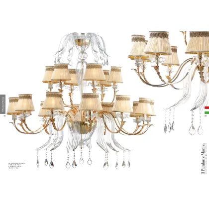 Zdjęcie Luksusowy 18-punktowy żyrandol z przezroczystego szkła Murano z zawieszkami Asfour i kloszami z podwójnej tkaniny - Il Paralume Marina