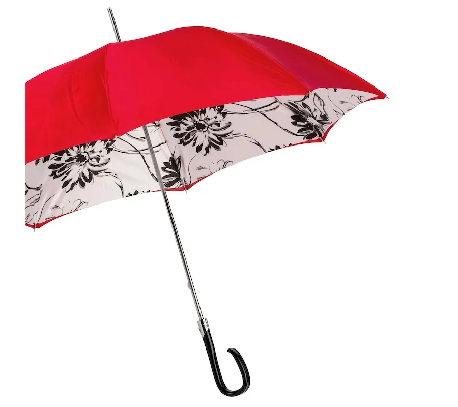 obrazek 6 Stylowy czerwony parasol damski w czarne kwiaty z czarną rączką - Pasotti