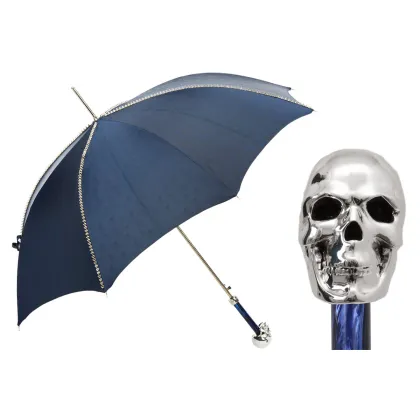 Picture Beautiful, stylish navy blue men's umbrella decorated with studs with a skull-shaped handle – Pasotti