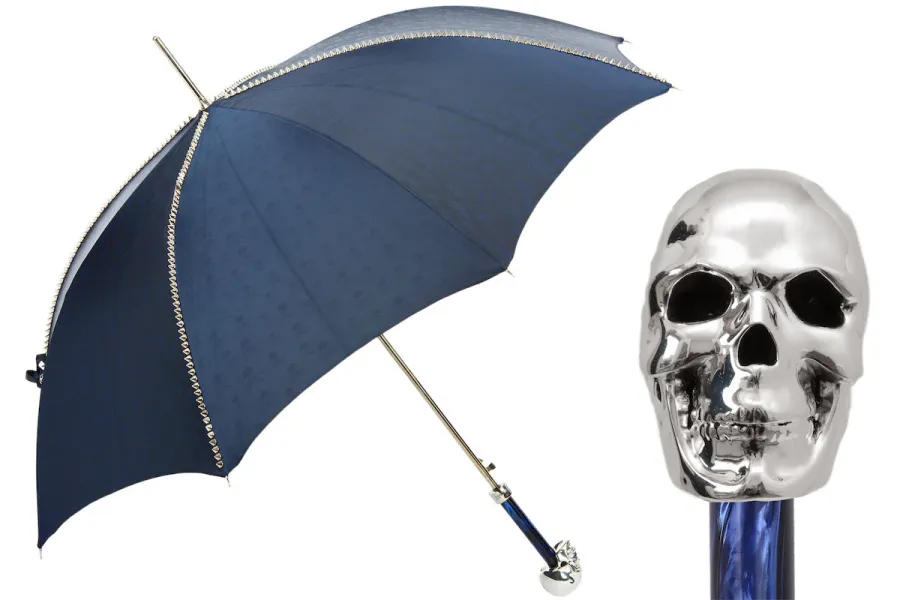 obrazek 1 Piękny stylowy granatowy parasol męski zdobiony ćwiekami z rączką w kształcie czaszki – Pasotti