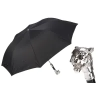 Zdjęcie Elegancki czarny parasol męski z rączką w kształcie głowy tygrysa – Pasotti