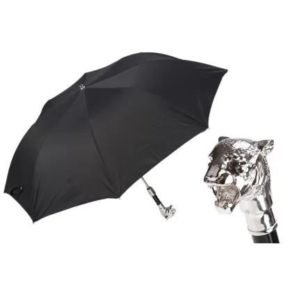 Picture Elegant black men's umbrella with a handle in the shape of a tiger's head - Pasotti