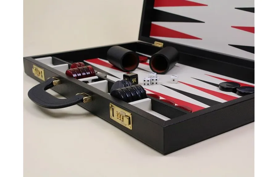 obrazek 3 Gra Backgammon z drewna i skóry w czarnym kolorze