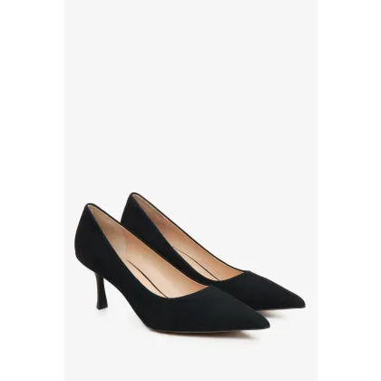 Zdjęcie Estro: Czarne czółenka damskie na niskim obcasie z weluru naturalnego