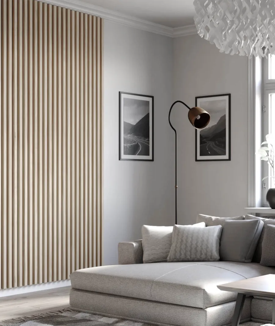obrazek 1 275x51x5,9 cm LD (9 lameli dąb bielony) panel akustyczny na płycie MDF 19 mm - dekoracja ścienna 3D