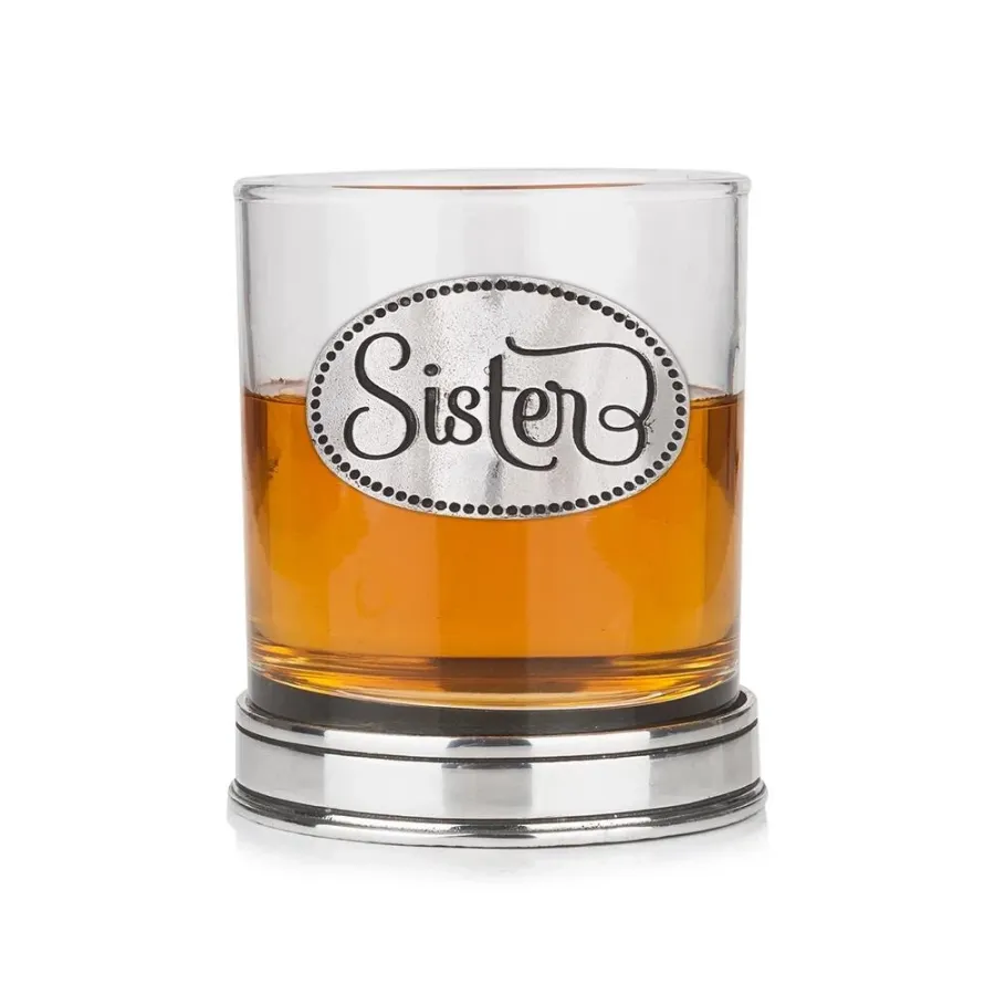 obrazek 1 Szklanka do whisky z cynowym emblematem z napisem „Siostra” w kolorze miedzianym – prezent dla siostry