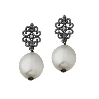 Picture Earrings Polished silver White zircons Freshwater pearl