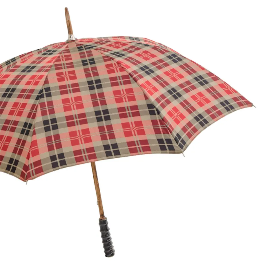 obrazek 5 Stylowy parasol męski w czerwono brązową kratę z oryginalną rączką - Pasotti