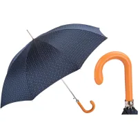 Picture Classic navy blue men's umbrella with small squares and an orange leather handle - Pasotti