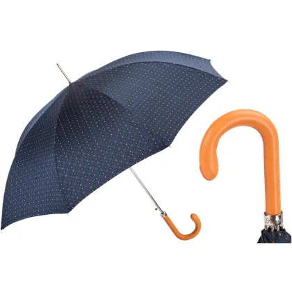 Picture Classic navy blue men's umbrella with small squares and an orange leather handle - Pasotti