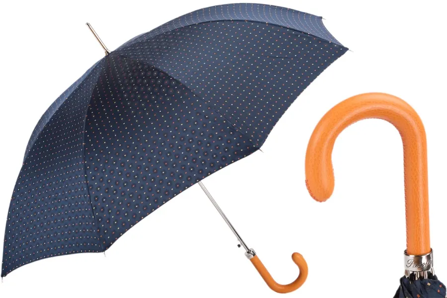 obrazek 1 Klasyczny granatowy parasol męski w drobne kwadraciki z pomarańczową skórzaną rączką – Pasotti