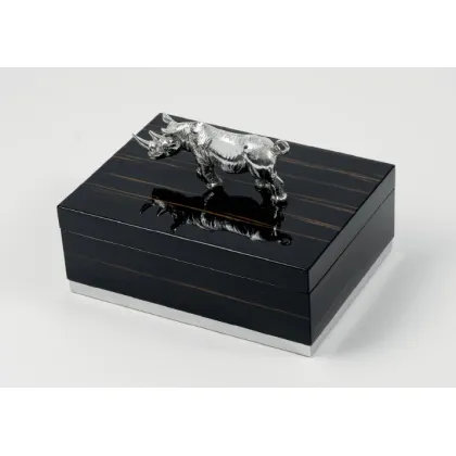 Picture Classic ebony box with silver plated brass rhinoceros