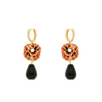 Zdjęcie Kolczyki srebrne pozłacane 18-karatowym złotem Białe cyrkonie Czerwono-czarna emalia Czarny onyks