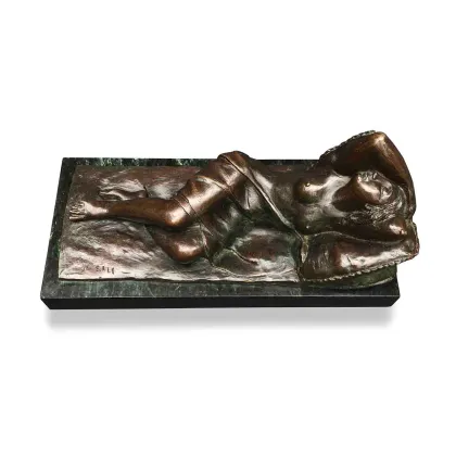 Picture E. Sala bronze sculpture with a reclining nude woman resting on a rectangular black marble base