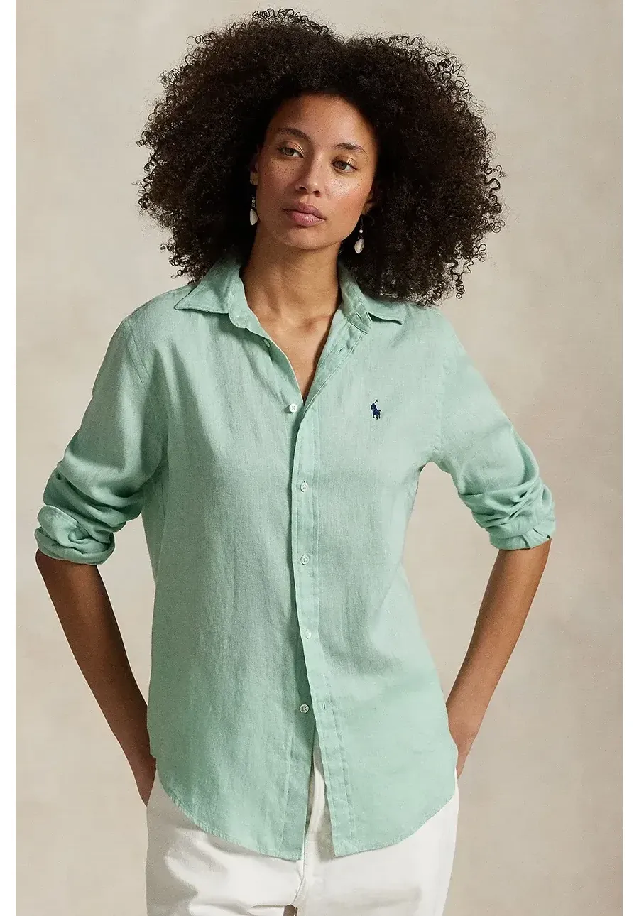 obrazek 1 Polo Ralph Lauren koszula lniana kolor zielony regular z kołnierzykiem klasycznym 211970730