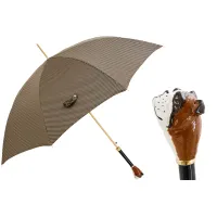 Zdjęcie Stylowy brązowy parasol męski zdobiony drobnym geometrycznym wzorem z rączką – głową buldoga – Pasotti
