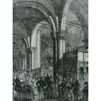 Zdjęcie Rycina przedstawiająca wnętrze katedry Sant'Ambrogio podczas homilii z nawami pełnymi wiernych