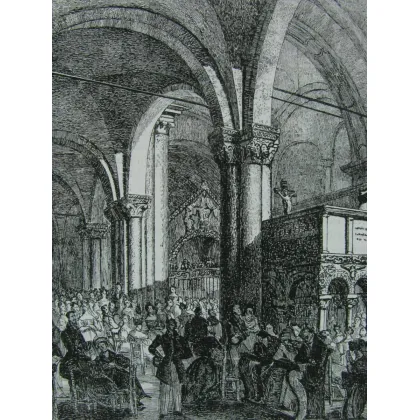 Zdjęcie Rycina przedstawiająca wnętrze katedry Sant'Ambrogio podczas homilii z nawami pełnymi wiernych