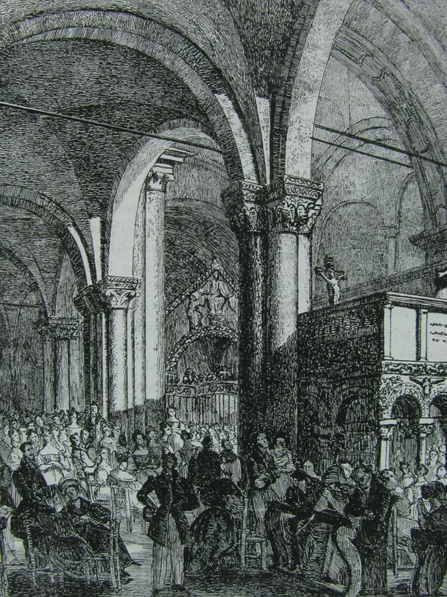 obrazek 1 Rycina przedstawiająca wnętrze katedry Sant'Ambrogio podczas homilii z nawami pełnymi wiernych