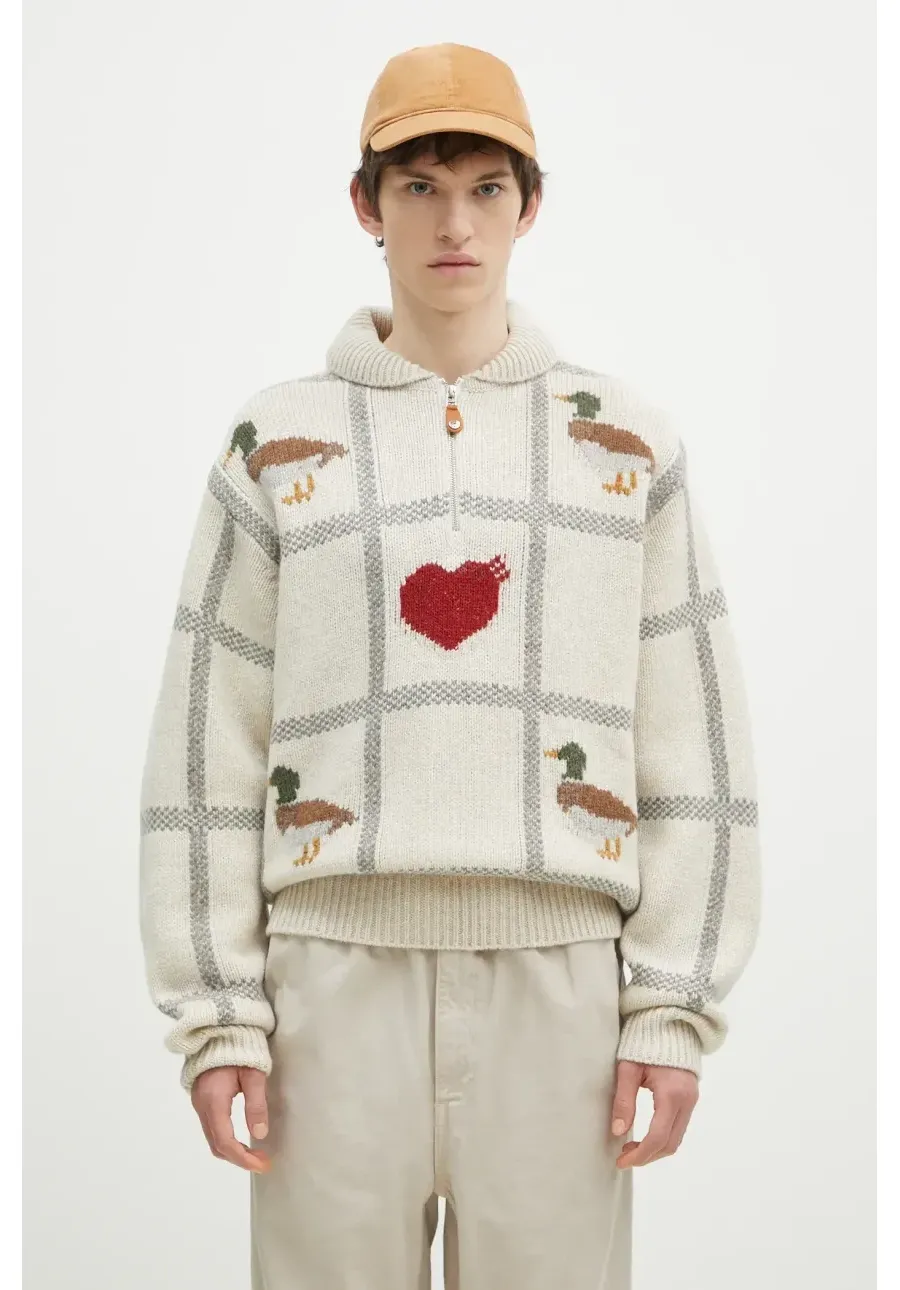 obrazek 1 Human Made sweter wełniany Animal Half-Zip Knit Sweater męski kolor beżowy  HM28CS015