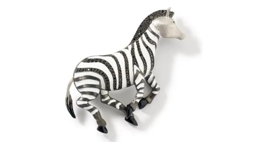 obrazek 1 Zebra niepowtarzalna Srebrna broszka rodowana Czarne cyrkonie Biała emalia