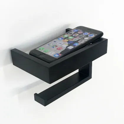 Zdjęcie Nowoczesny czarny uchwyt na papier toaletowy z półką – 3SC