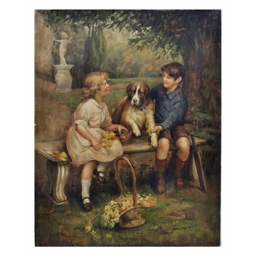 obrazek 2 Cudowny obraz olejny „Dzieci z bernardynem” na płótnie 70x55 cm - Jean Philipe Moreno