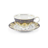 Zdjęcie Bogato zdobiona porcelanowa filiżanka do herbaty ze spodkiem w kolorze kobaltowym i złotym z kolekcji Castle Sonata – Leander