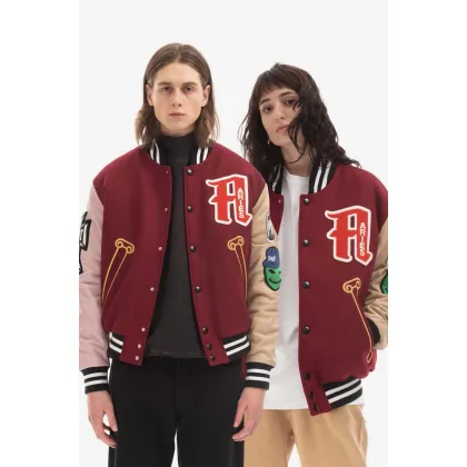 Zdjęcie Aries kurtka bomber męski kolor bordowy przejściowa oversize Kurtka Aries Varsity Jacket AR70200 BURGUNDY AR70200-PINK