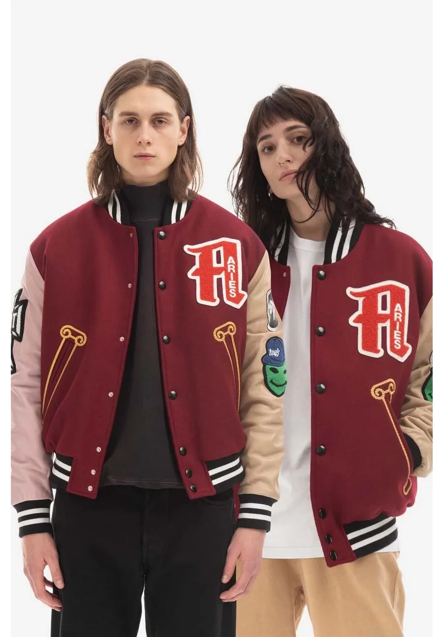 obrazek 1 Aries kurtka bomber męski kolor bordowy przejściowa oversize Kurtka Aries Varsity Jacket AR70200 BURGUNDY AR70200-PINK