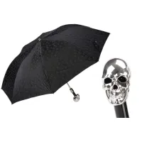 Picture Unique black men's umbrella with black skull print and silver skull handle - Pasotti