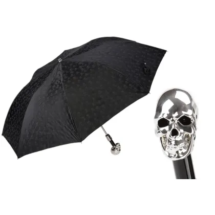 Picture Unique black men's umbrella with black skull print and silver skull handle - Pasotti