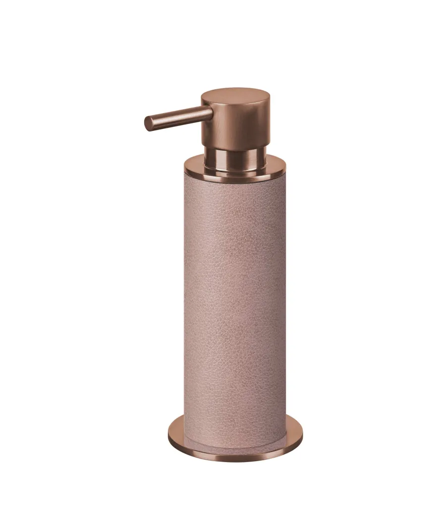 obrazek 1 Miedziowany dozownik łazienkowy Ø7xH19 cm ze skórzanym wykończeniem w kolorze pudrowego różu