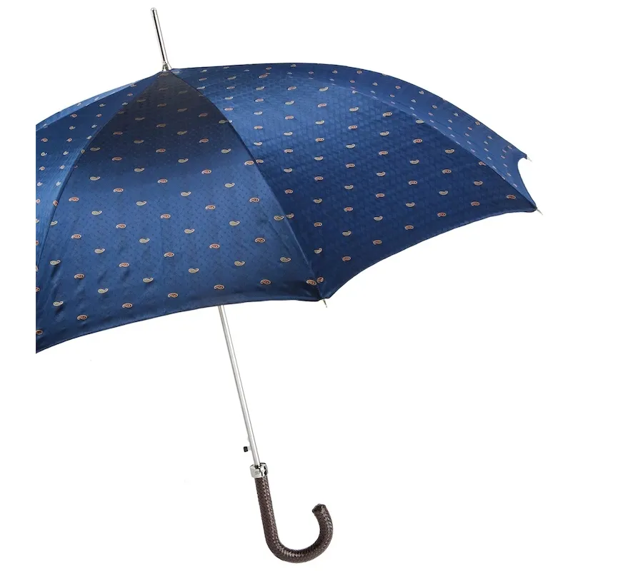 obrazek 8 Klasyczny granatowy parasol męski zdobiony drobnym wzorem z plecionym skórzanym uchwytem – Pasotti