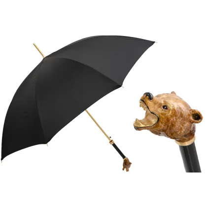 Picture Stylish black men's umbrella with a handle in the shape of a bear's head - Pasotti