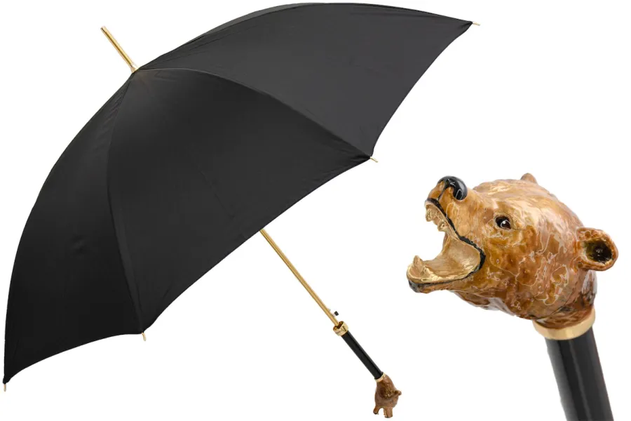 obrazek 1 Stylowy czarny parasol męski z rączką w kształcie głowy niedźwiedzia – Pasotti