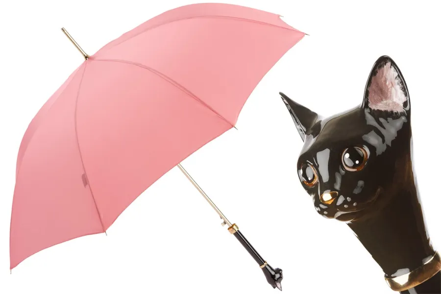 obrazek 1 Stylowy różowy parasol damski z rączką zdobioną głową czarnego kota - Pasotti