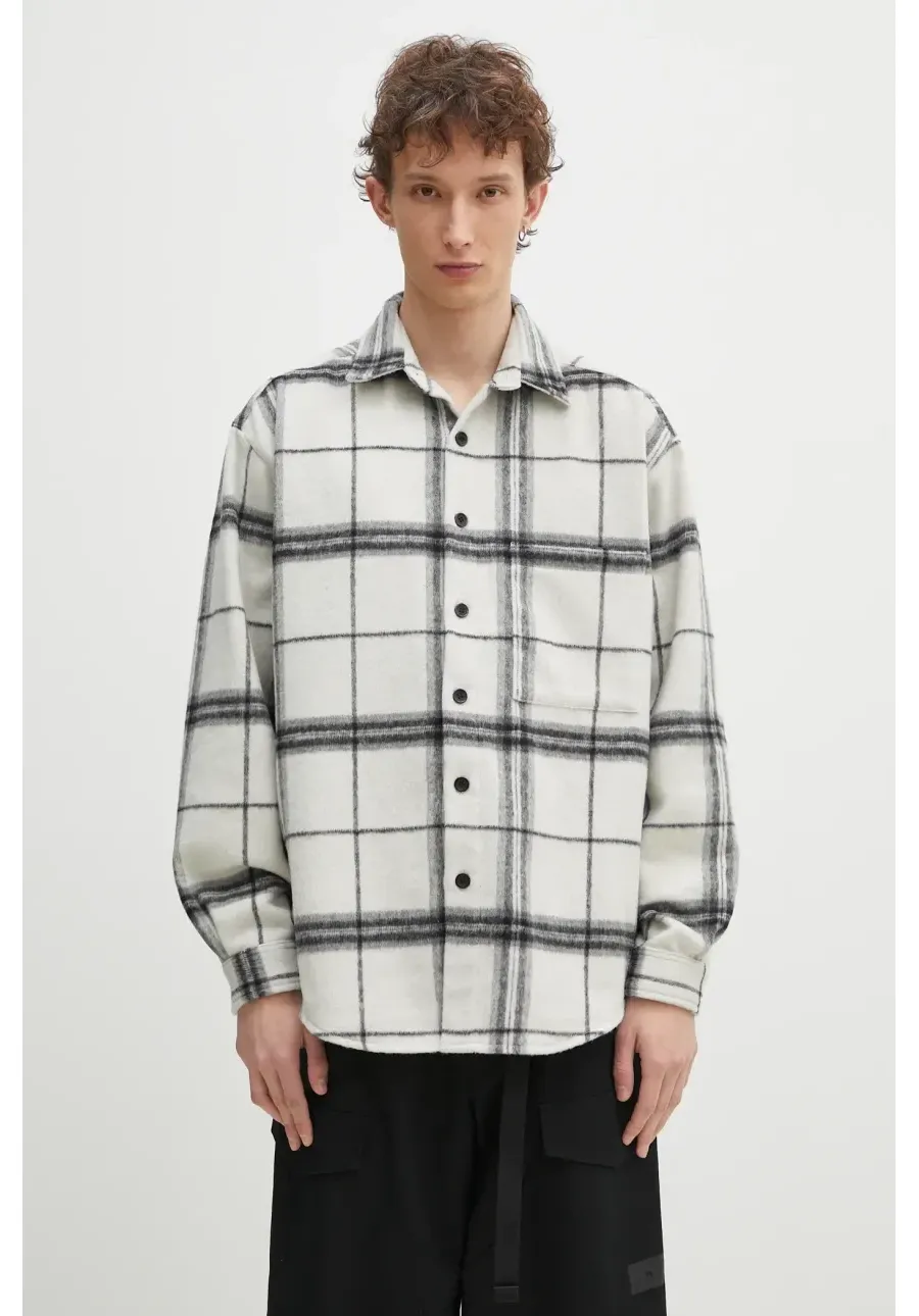 obrazek 1 MKI MIYUKI ZOKU koszula z domieszką wełny Check Flannel Shirt męska kolor beżowy relaxed z kołnierzykiem klasycznym CHECK.FLANNEL.SHIRT.OFF