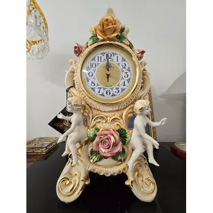 Picture Italian ceramic decorative clock with roses and angels