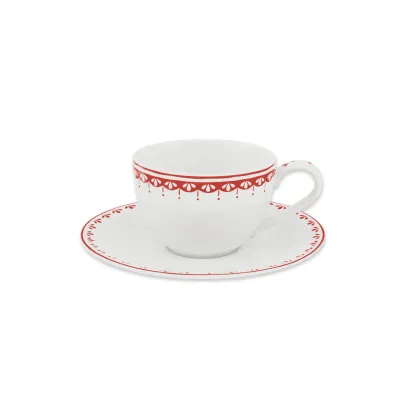 Zdjęcie Elegancka filiżanka ze spodkiem z porcelany z czerwonym zdobieniem z kolekcji HyggeLine - wariant 2 – Leander