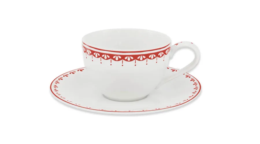 obrazek 1 Elegancka filiżanka ze spodkiem z porcelany z czerwonym zdobieniem z kolekcji HyggeLine - wariant 2 – Leander