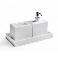 Zdjęcie Stylowy 3-elementowy komplet łazienkowy Snowy - kubek na szczoteczkę, dozownik na mydło w płynie oraz taca do łazienki – 3SC